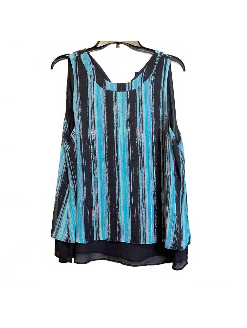 I Heart Ronson XL Striped Layered Blouse Blue Black Sleeveless Sheer Hem Top